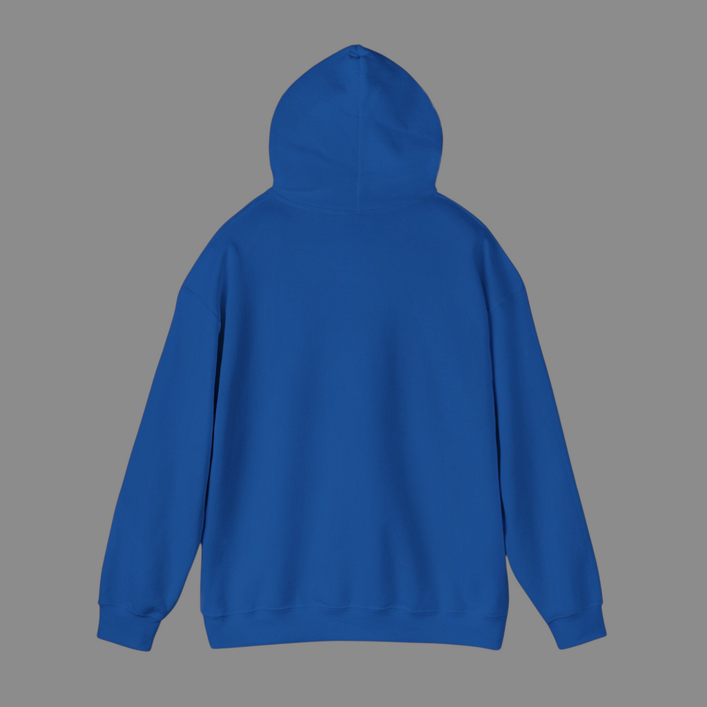 PURETE unisex royal blue heavy blend hooded sweatshirt, back view showing double-lined hood and long sleeves.
