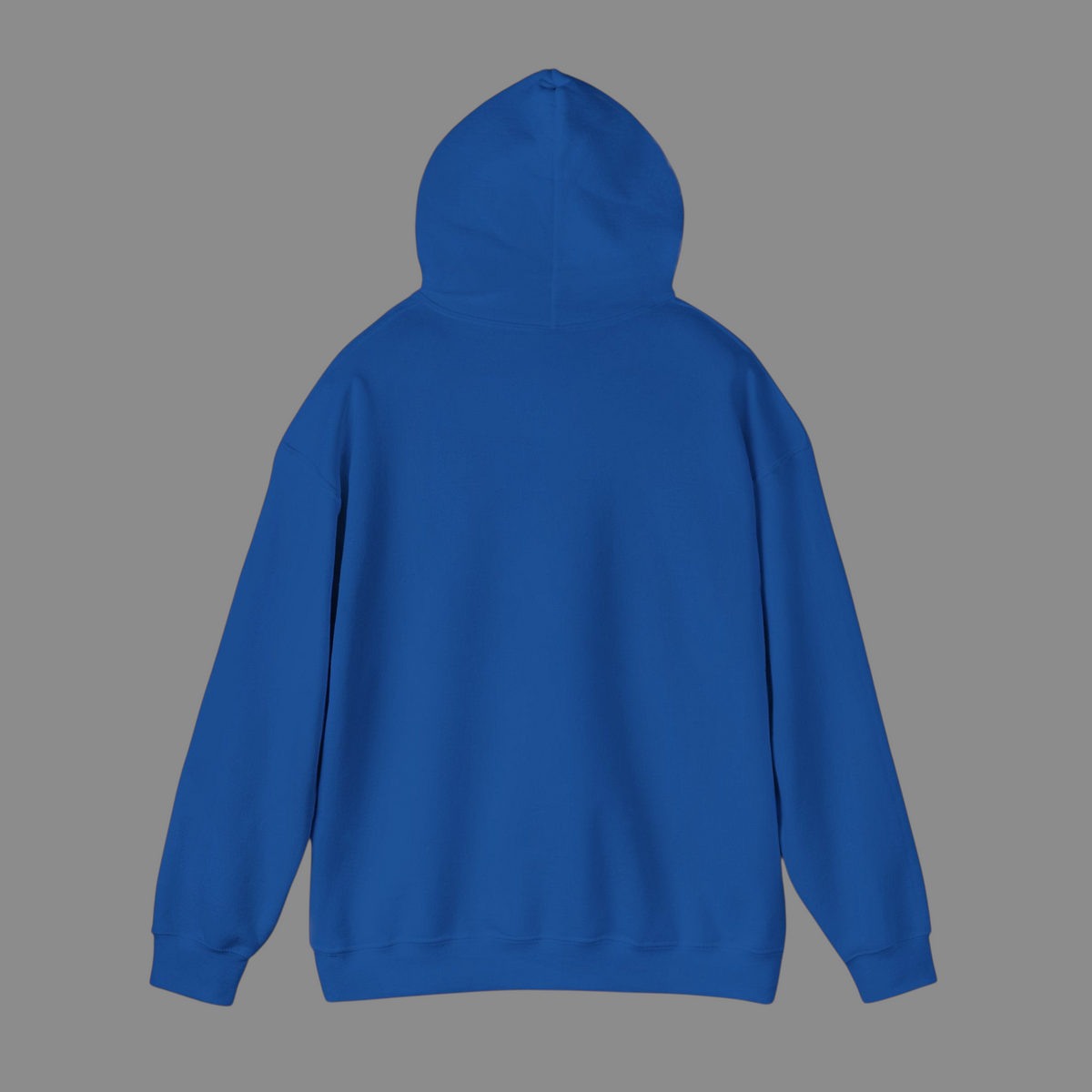 PURETE unisex royal blue heavy blend hooded sweatshirt, back view showing double-lined hood and long sleeves.