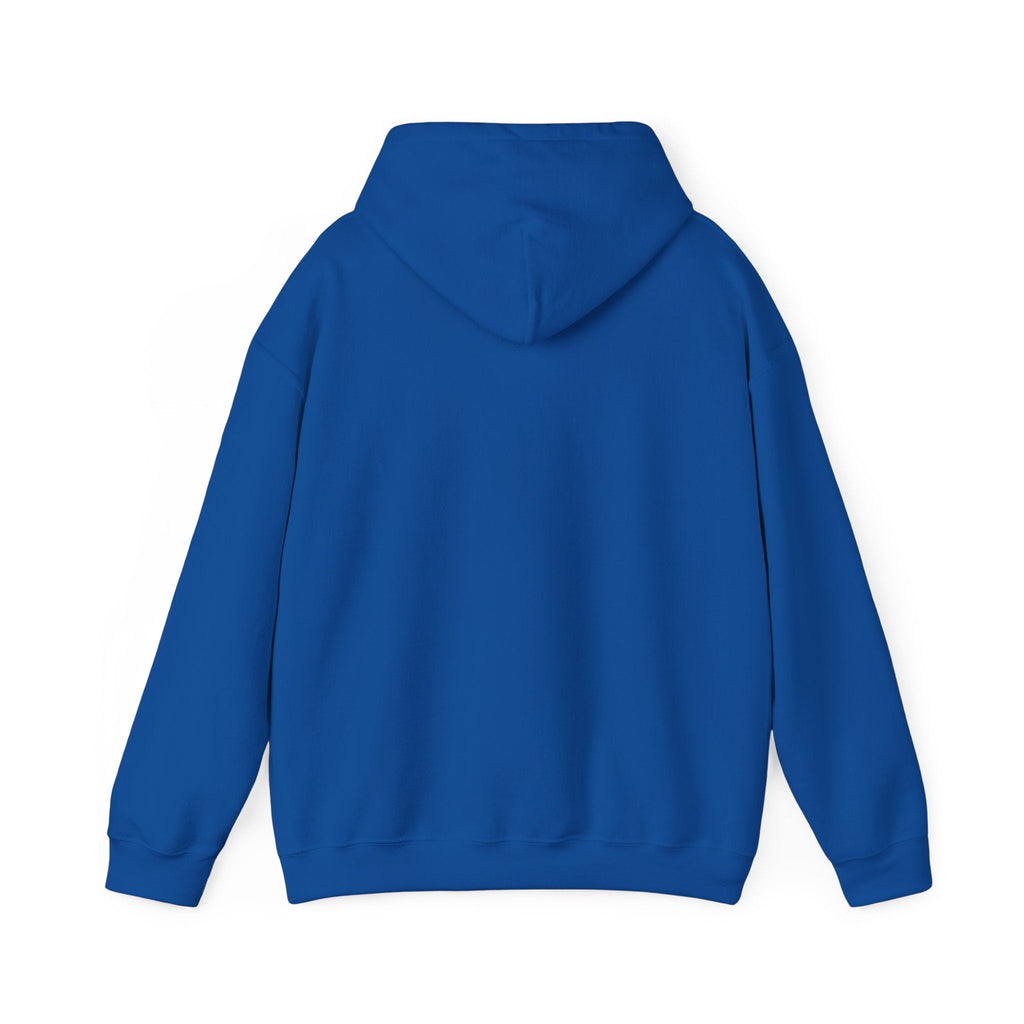 Back view of a PURETE royal blue medium-heavy cotton-polyester hoodie with a double-lined hood and long sleeves.