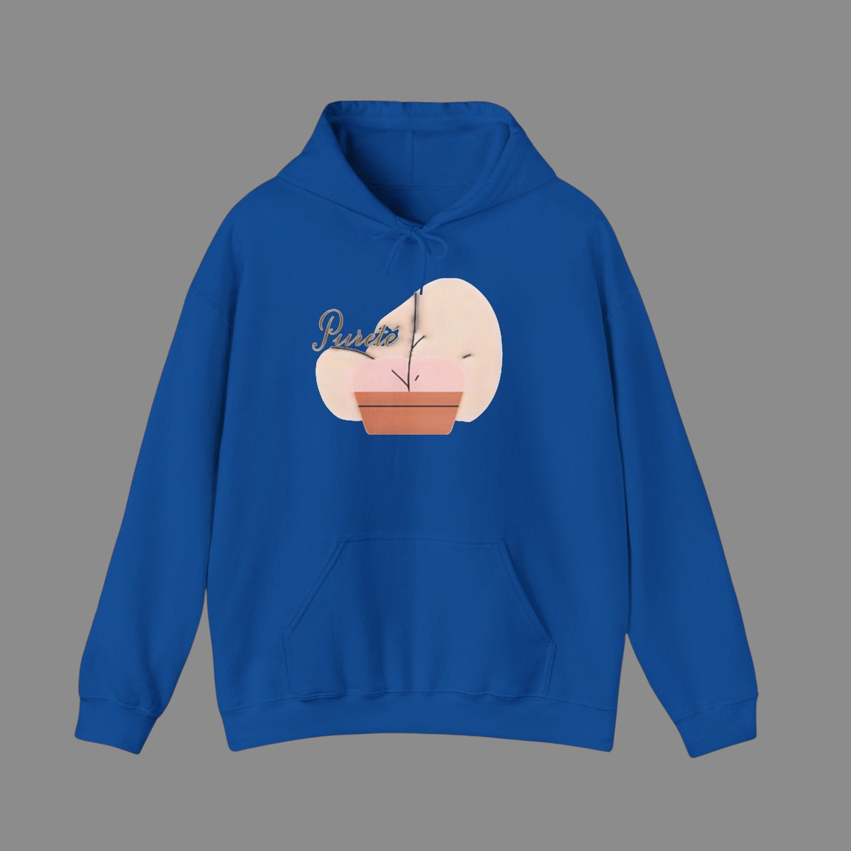 PURETE royal blue unisex heavy blend hooded sweatshirt with a central graphic print and front pouch pocket