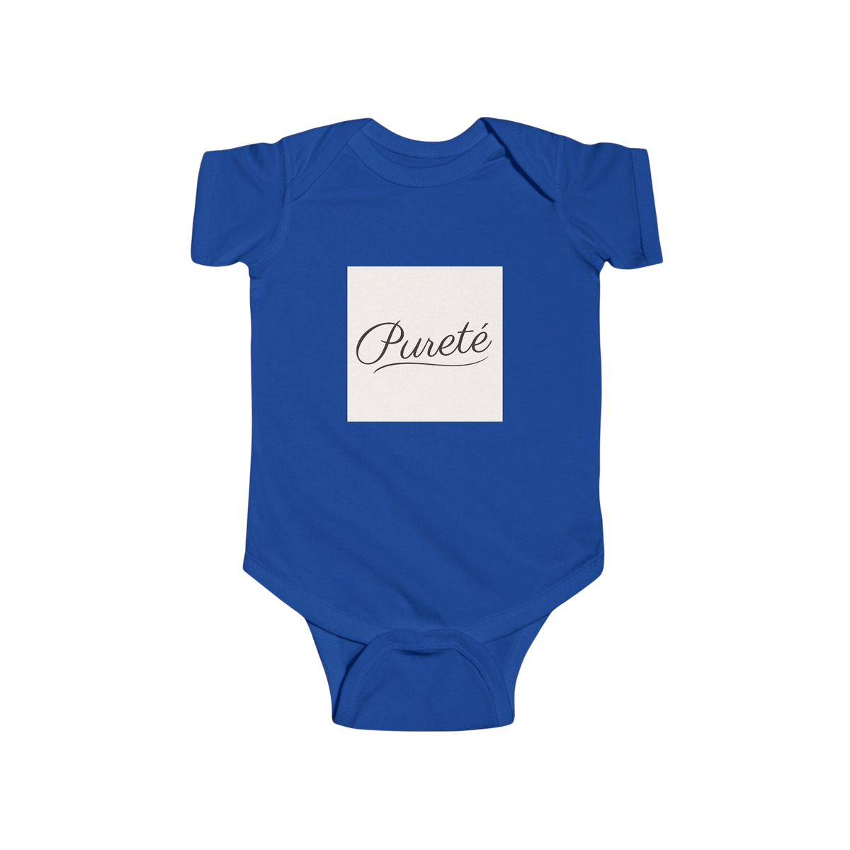 PURETE royal blue infant bodysuit in soft cotton with a white chest patch featuring elegant black script text