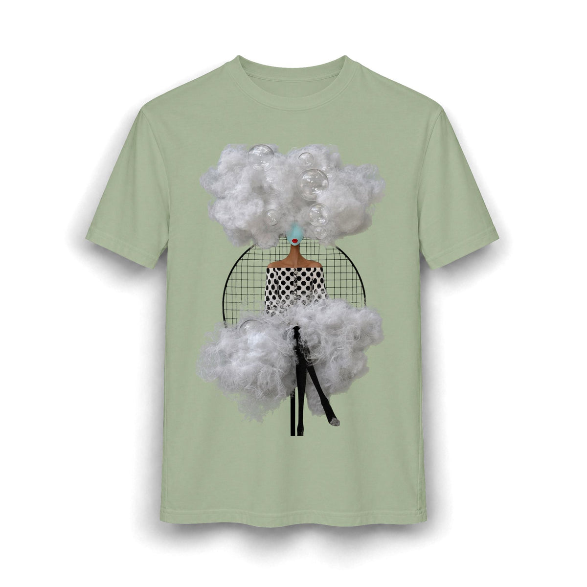 PURETE sage green graphic t-shirt featuring an abstract surrealist collage of a woman surrounded by white clouds.