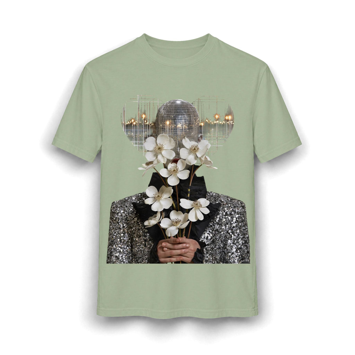 PURETE sage green cotton blend t-shirt featuring a graphic print of a disco ball head holding white flowers.