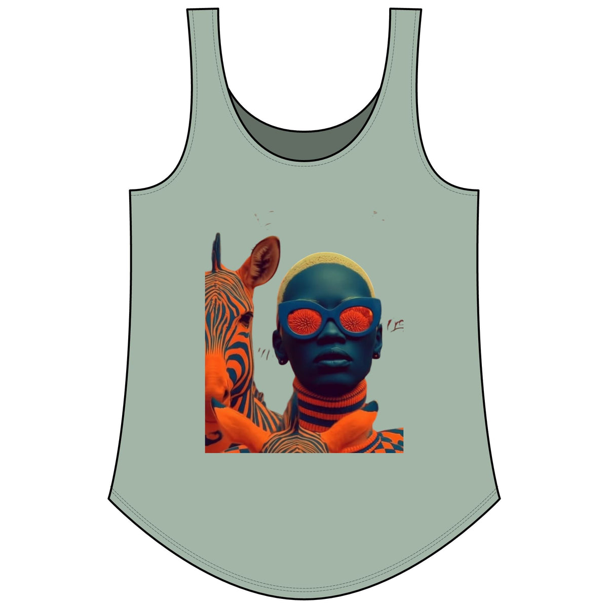 PURETE women's sage green scoop neck tank top featuring a graphic print of a person with a zebra and orange glasses.