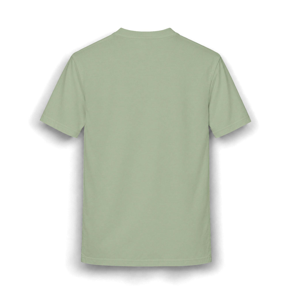 PURETE sage green cotton blend t-shirt, back view of a plain relaxed fit crew neck tee.
