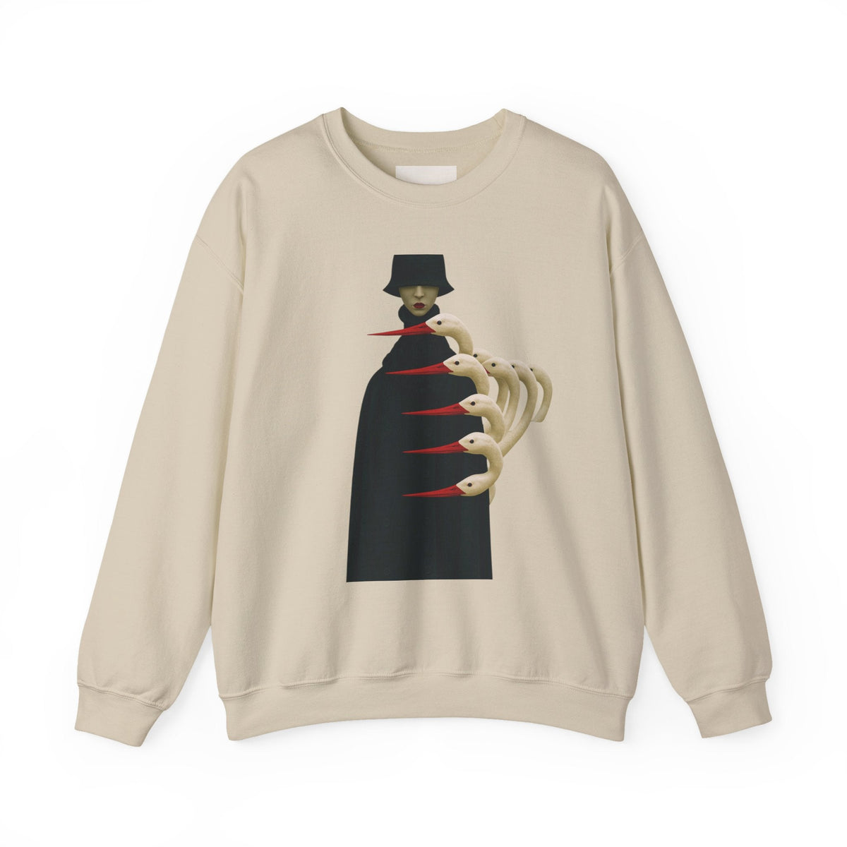 PURETE crewneck sweatshirt in beige featuring a gothic illustration of a cloaked figure with skeletal hands.
