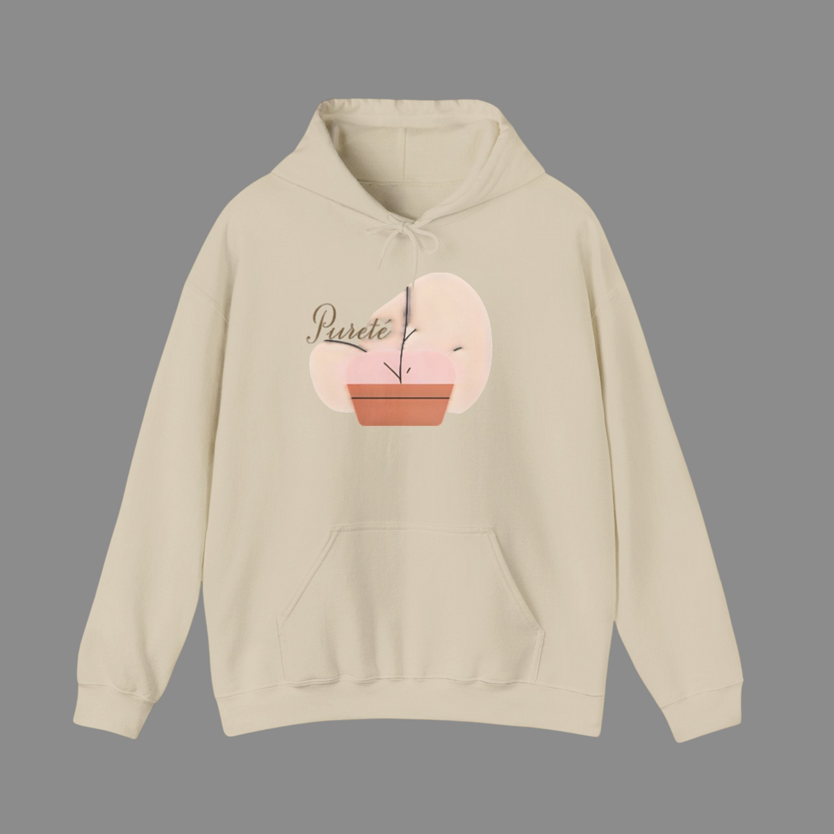 PURETE unisex sand-colored heavy blend hooded sweatshirt with a minimalist potted plant graphic on the front chest.