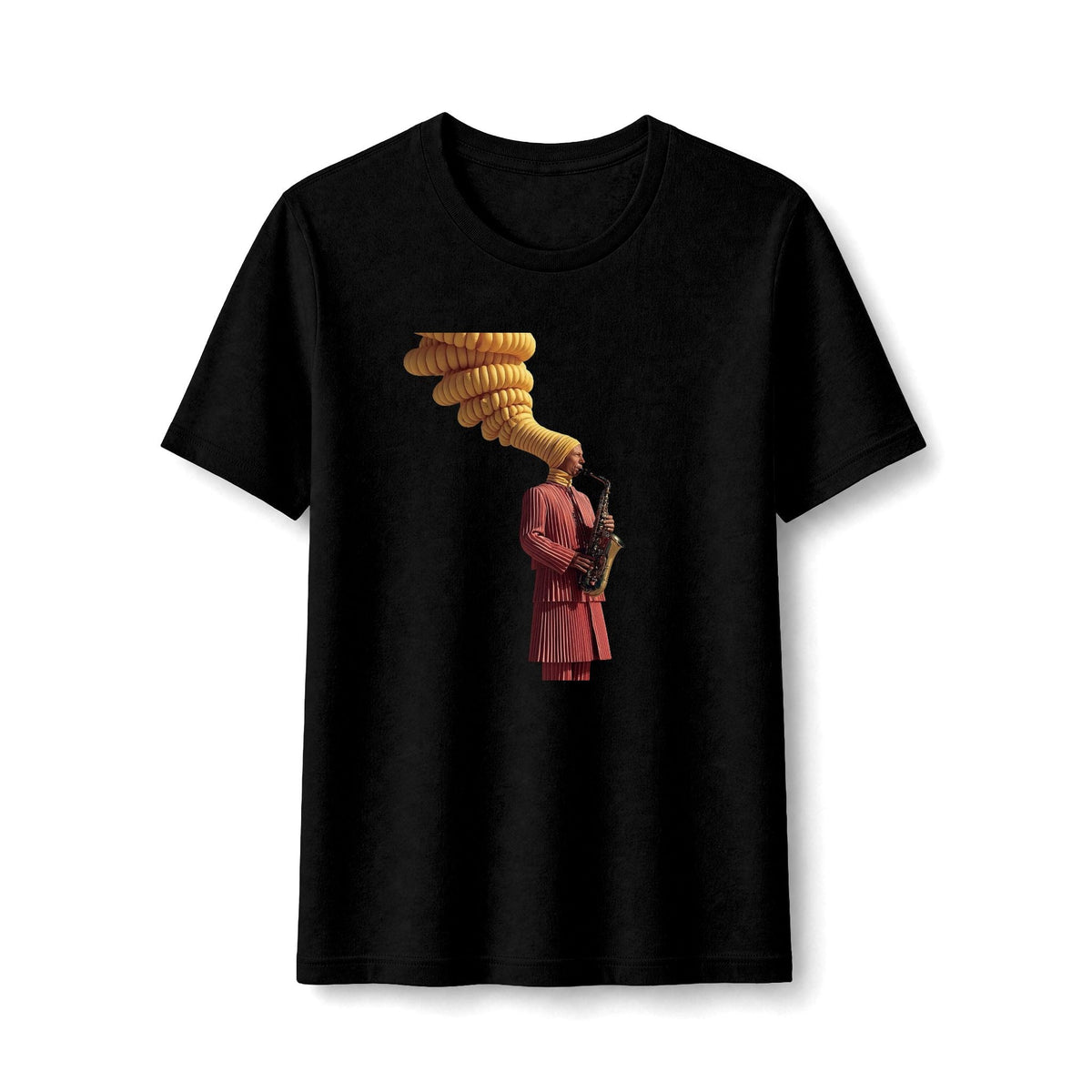 PURETE black women's slim-fit tee featuring a vintage graphic of a saxophonist with golden musical notes.