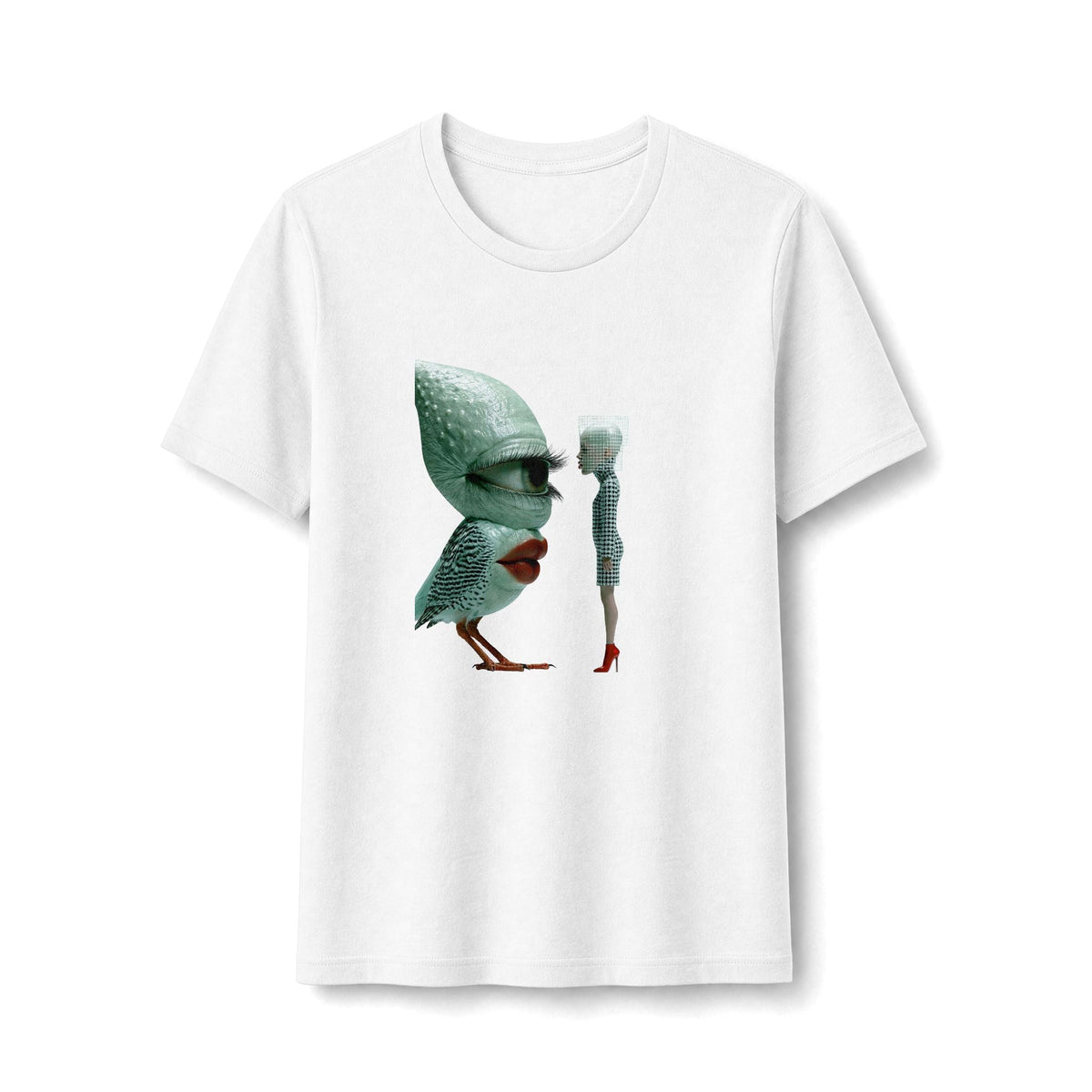 PURETE white fitted tee featuring a surreal bird-creature and human figure illustration on the front.