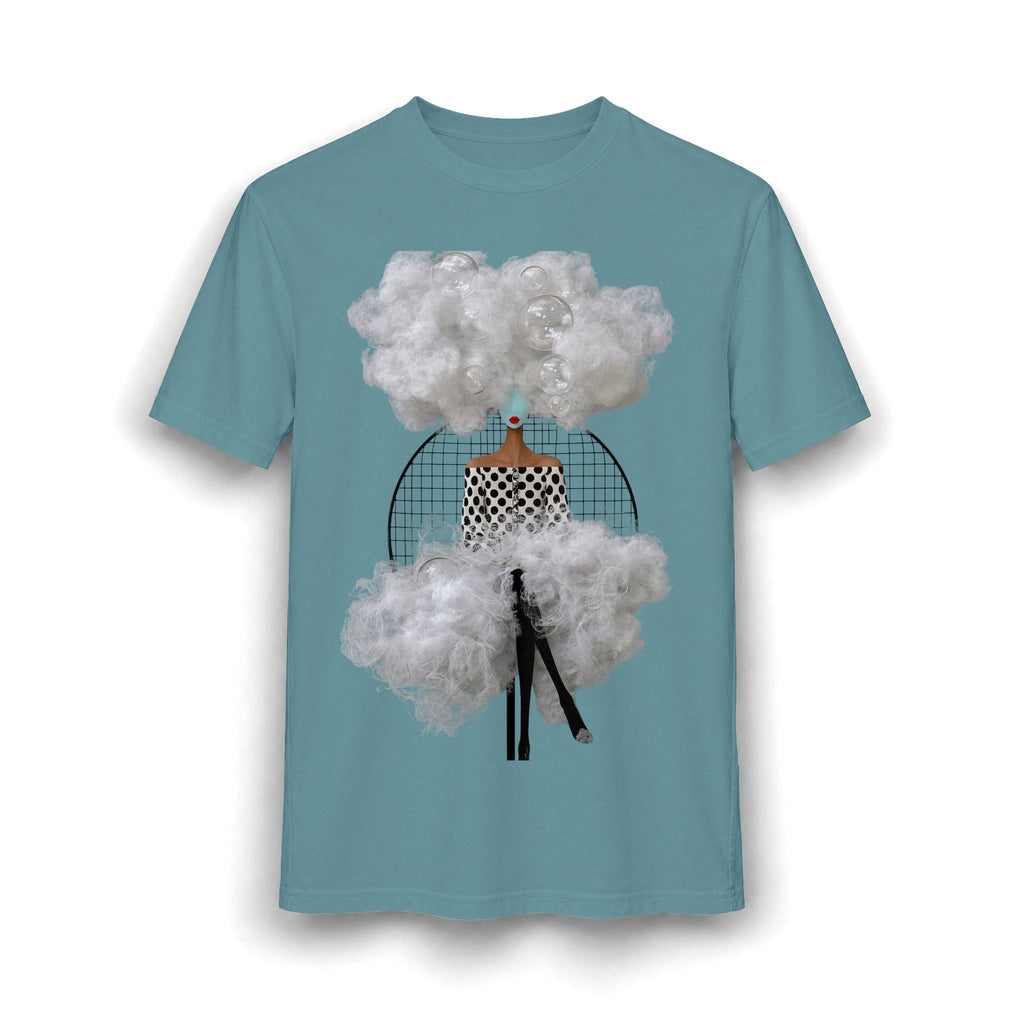 PURETE surreal graphic t-shirt in dusty blue featuring an abstract woman collage with clouds and bubbles.