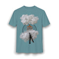 PURETE surreal graphic t-shirt in dusty blue featuring an abstract woman collage with clouds and bubbles.