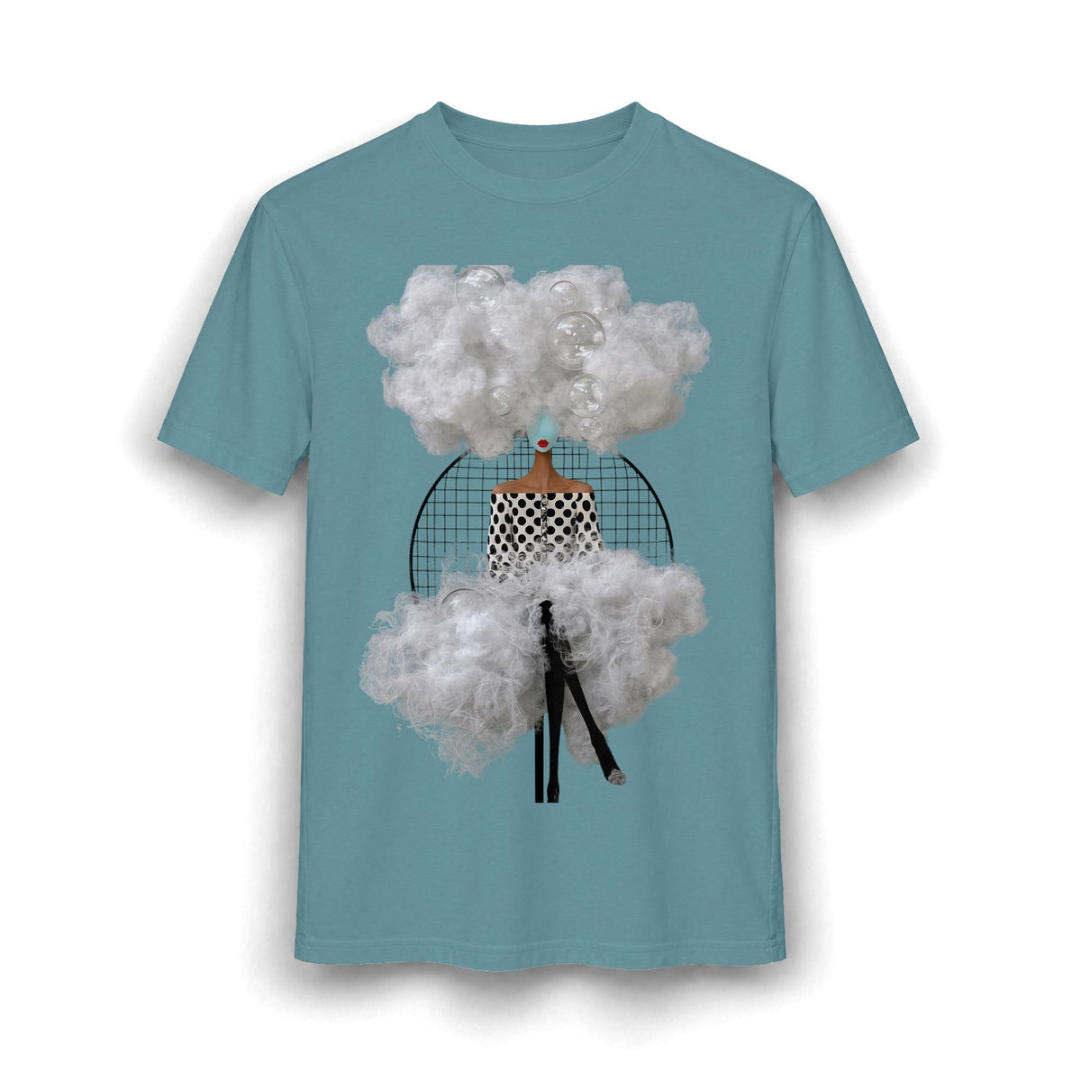 PURETE surreal graphic t-shirt in dusty blue featuring an abstract woman collage with clouds and bubbles.
