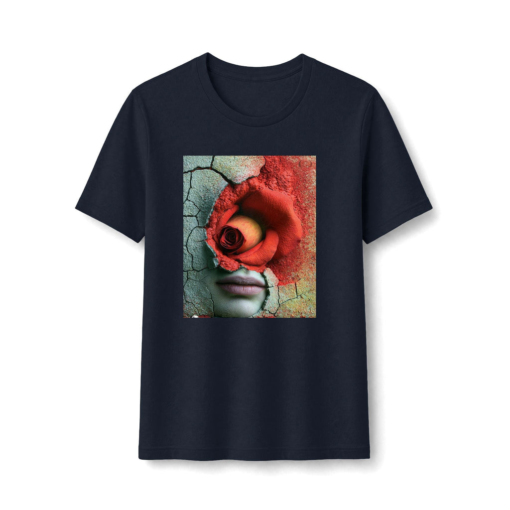 PURETE Surreal Rose Face graphic tee in navy blue with a cracked texture print and red floral detail.