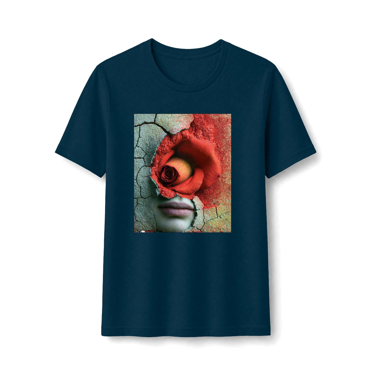 PURETE fitted navy blue graphic t-shirt featuring a surreal portrait of a face with a red rose and cracked texture.