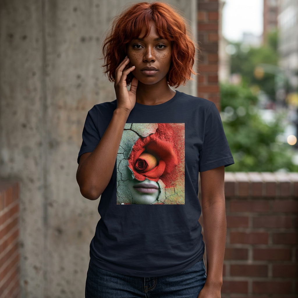 PURETE Surreal Rose Face graphic tee on a woman with auburn hair, featuring a red rose and cracked texture print.
