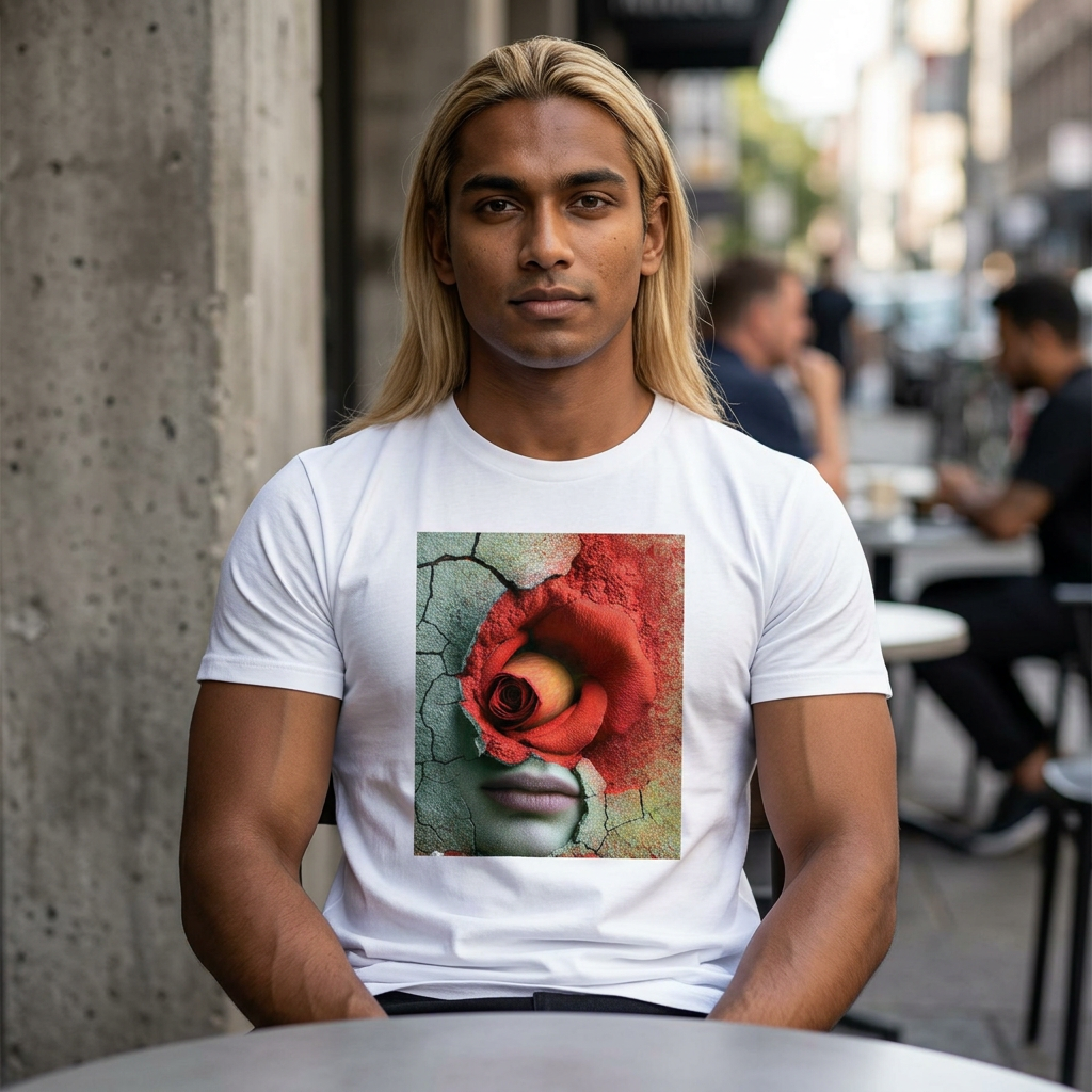 PURETE white fitted graphic t-shirt featuring a surreal red rose and face print worn by a man at an outdoor cafe