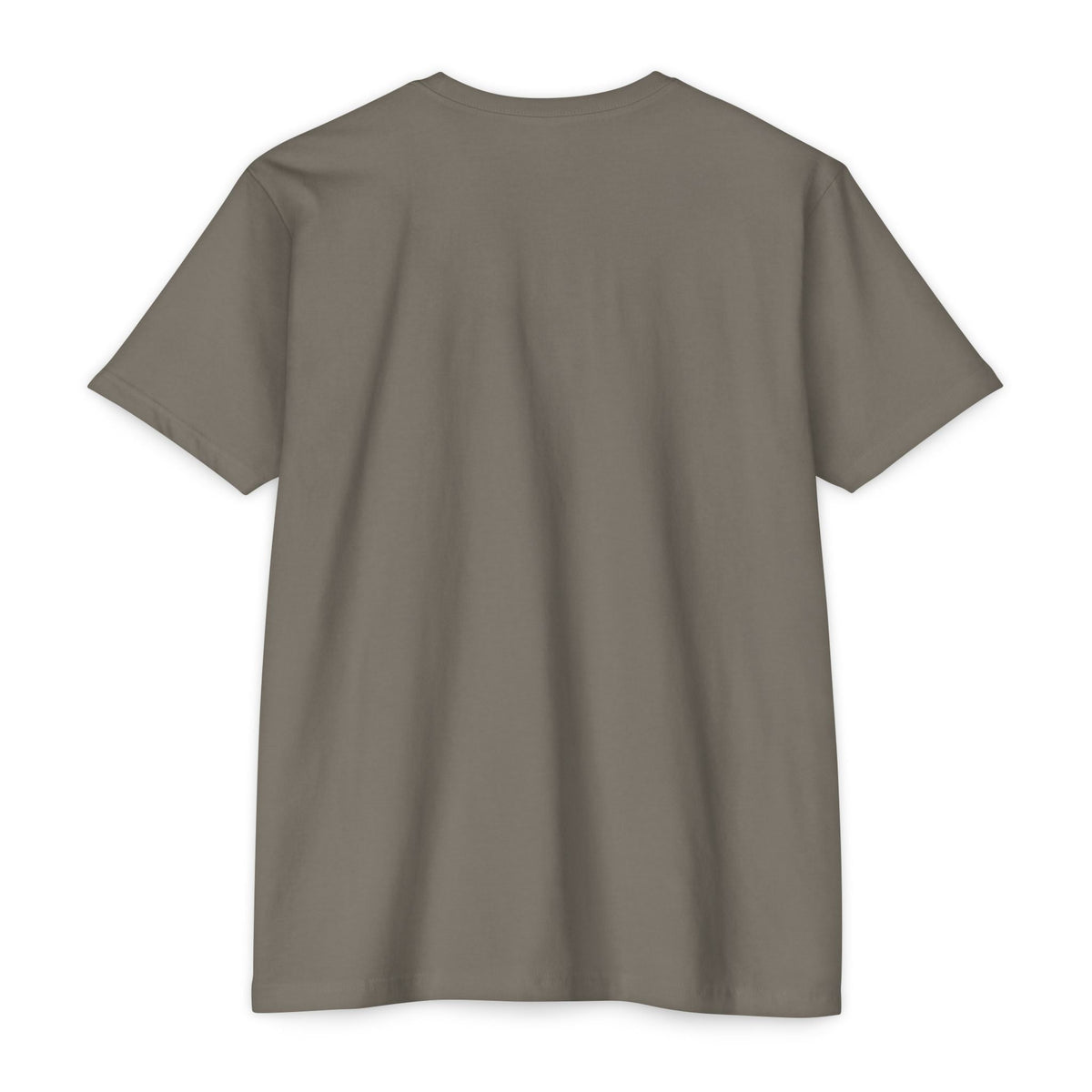 Back view of a PURETE unisex CVC jersey t-shirt in a solid taupe grey cotton-poly blend with a classic fit.