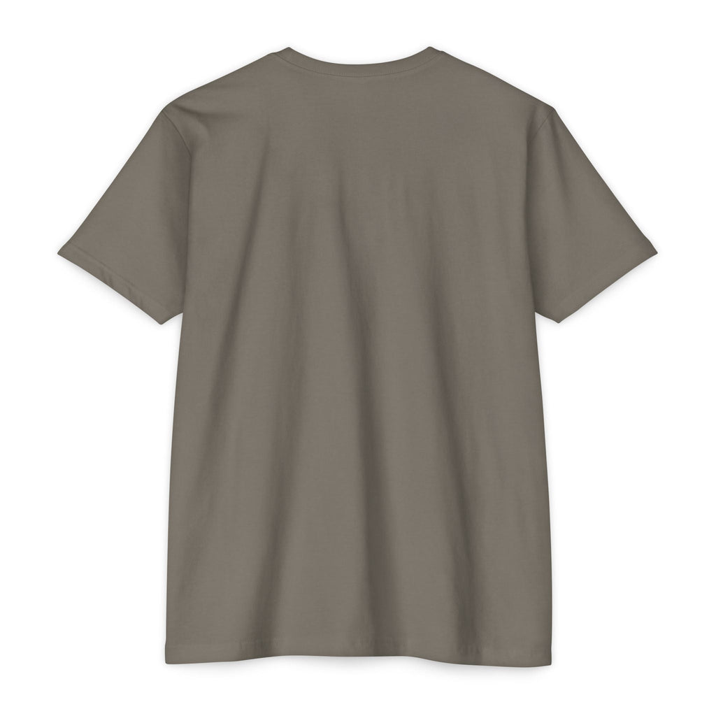Back view of a PURETE unisex CVC jersey t-shirt in a solid taupe grey cotton-poly blend with a classic fit.