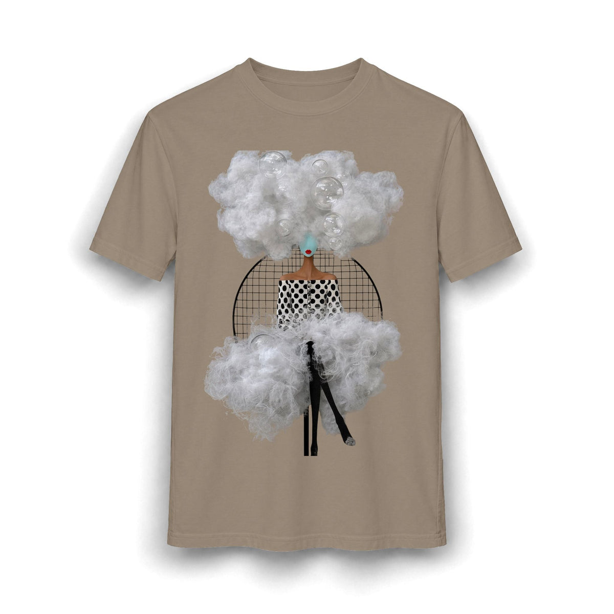 PURETE surreal cloud graphic t-shirt in taupe featuring an abstract woman collage with bubbles and clouds.