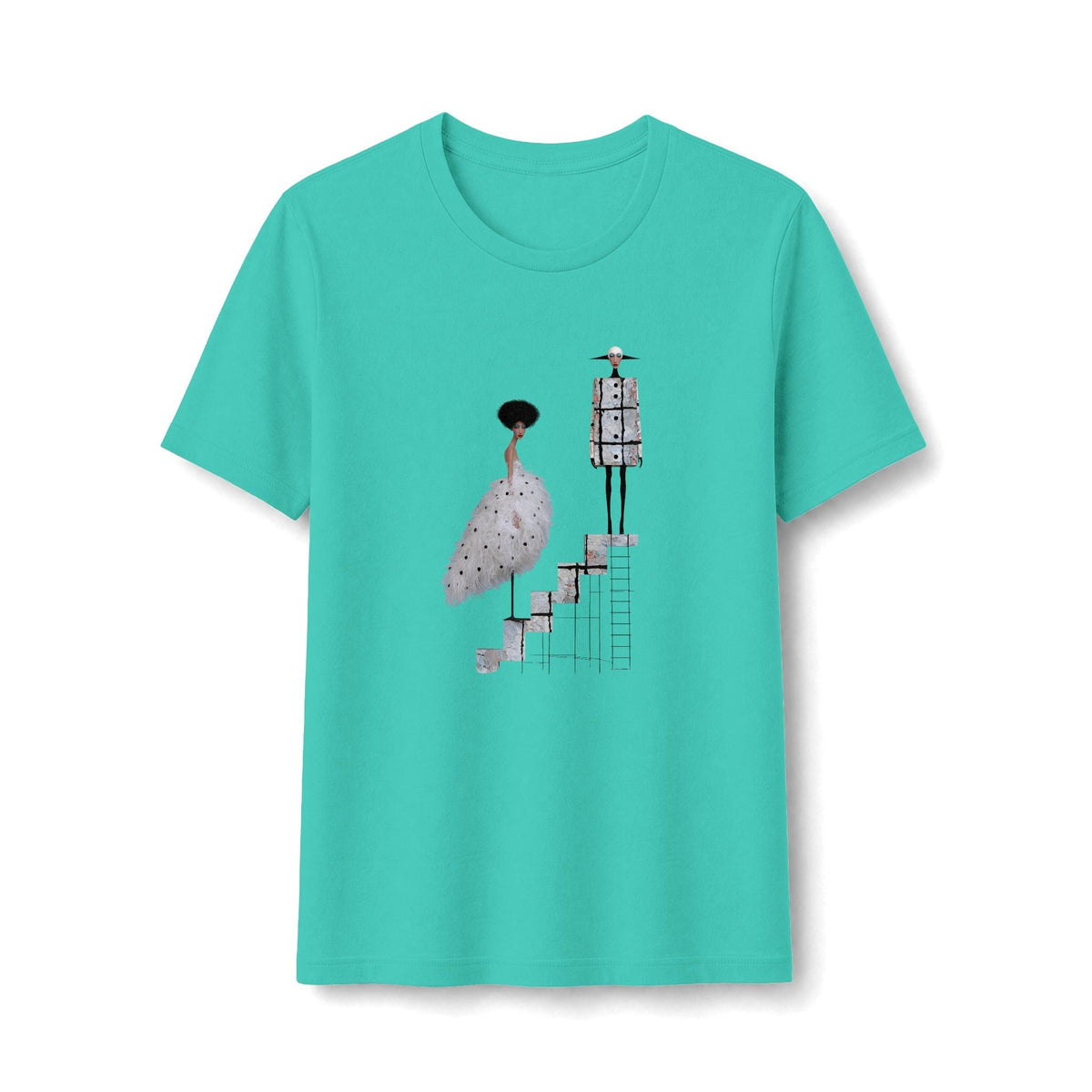 PURETE teal graphic tee featuring a whimsical ballet couple illustration on stairs, made from soft cotton-poly blend.