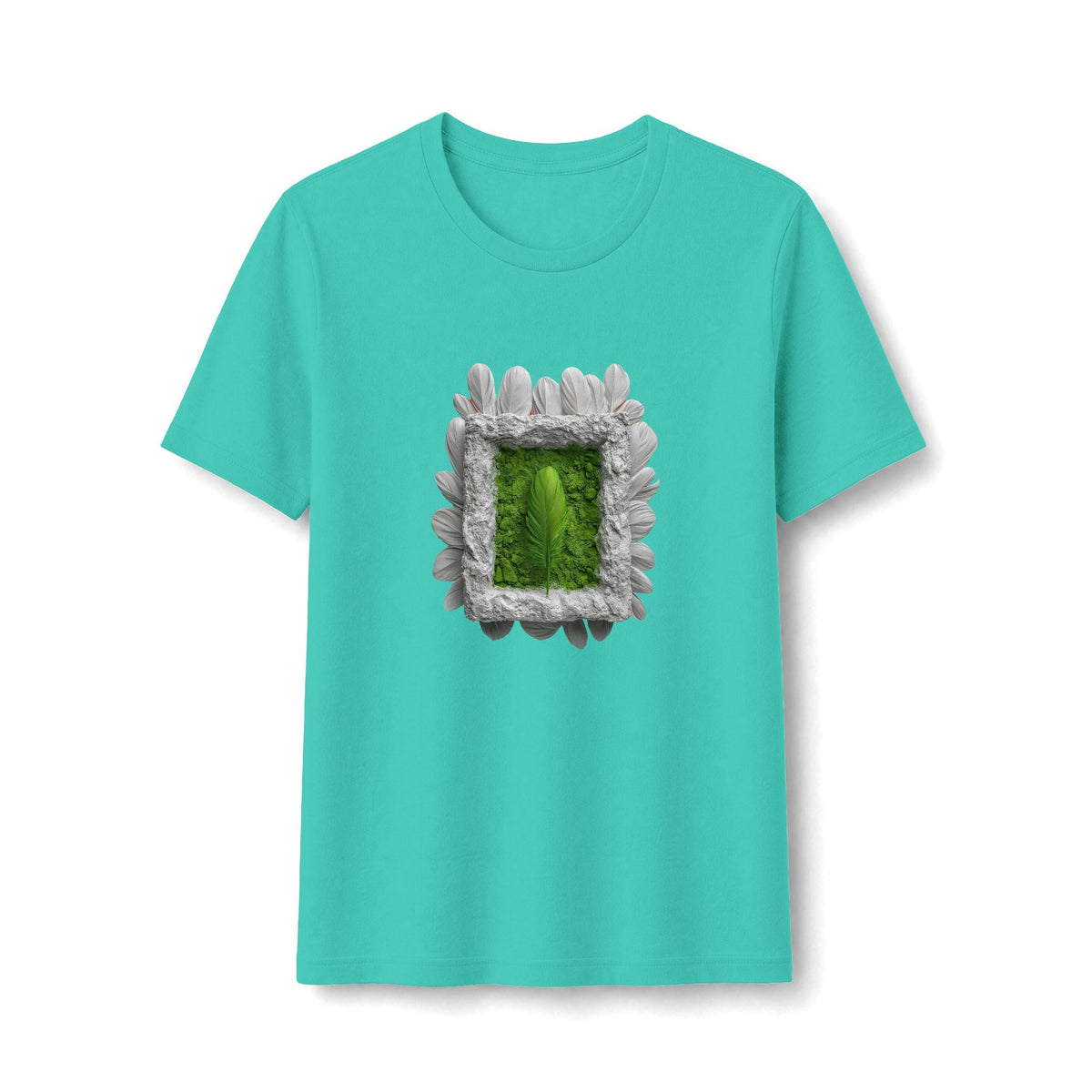 PURETE women's teal t-shirt featuring a central graphic of a green leaf framed by white petals and mossy texture.
