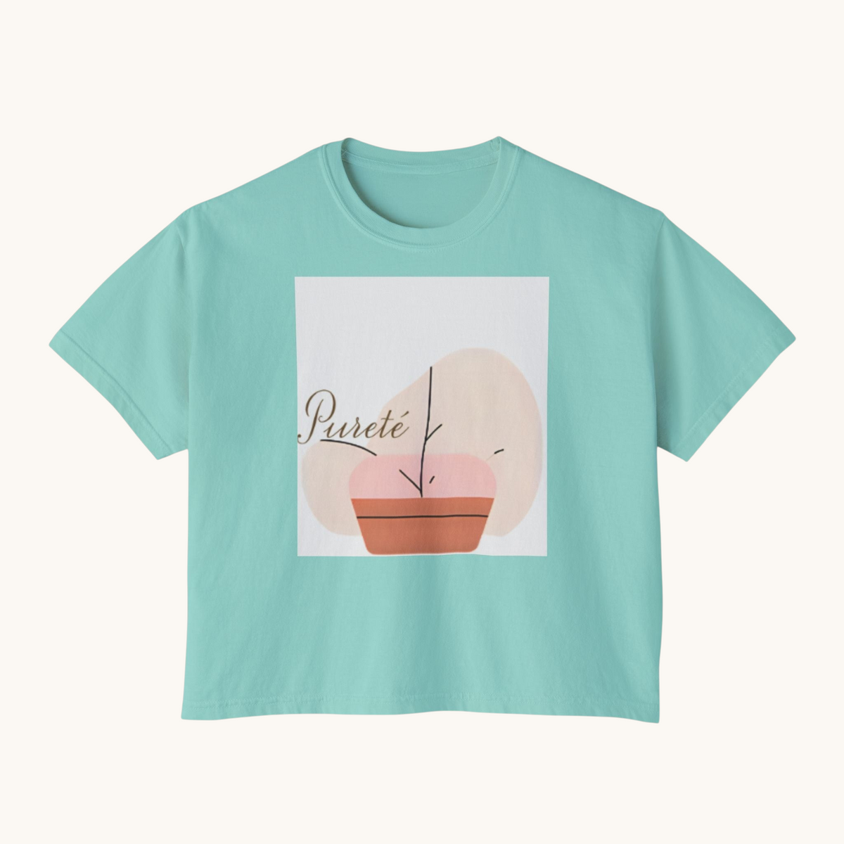 PURETE women's oversized boxy t-shirt in light teal cotton with a minimalist abstract plant graphic print