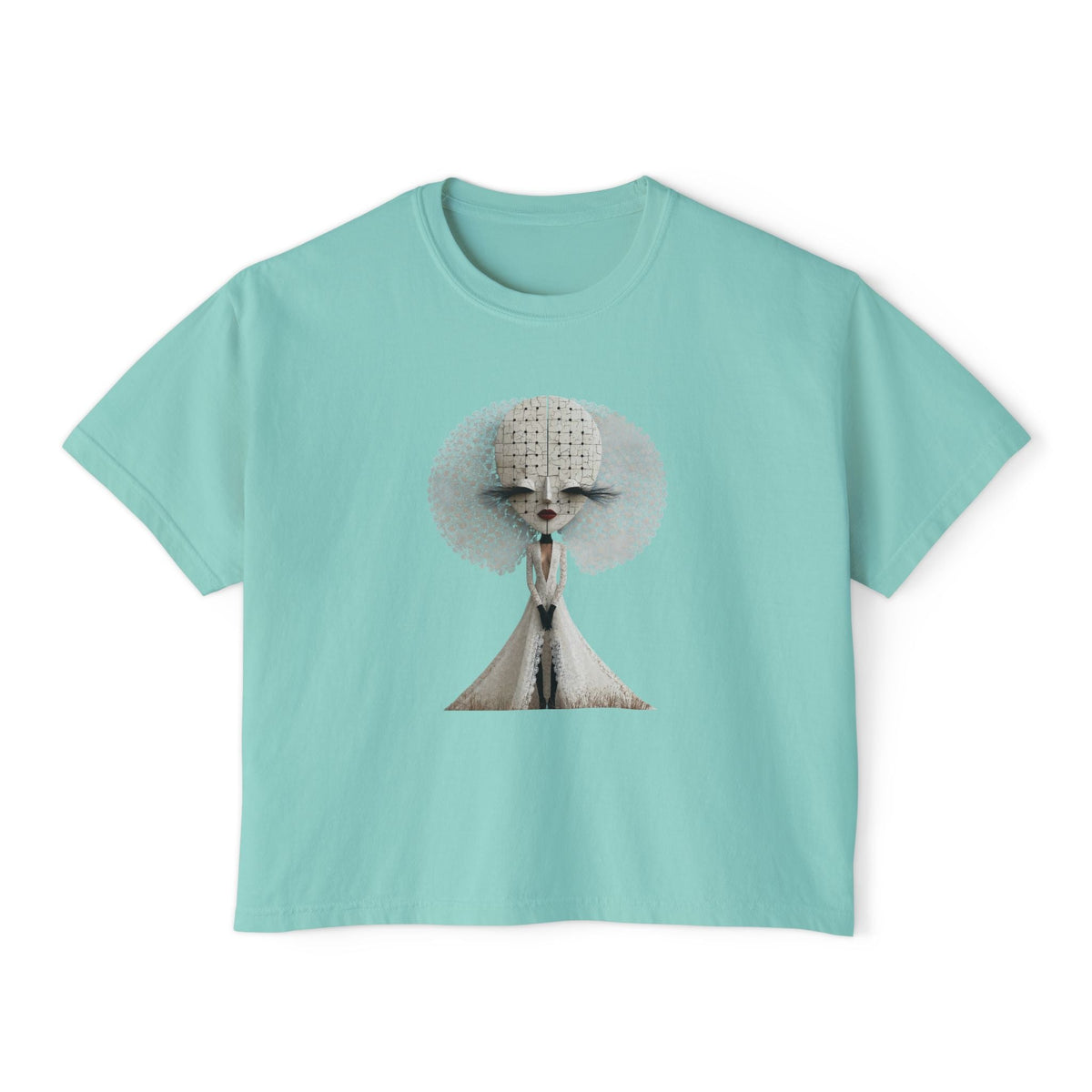 PURETE boxy cropped t-shirt in light teal pigment-dyed cotton featuring a vintage-style surreal dog portrait graphic