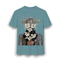 PURETE teal cotton blend t-shirt featuring a graphic print of a disco ball head and white flowers.