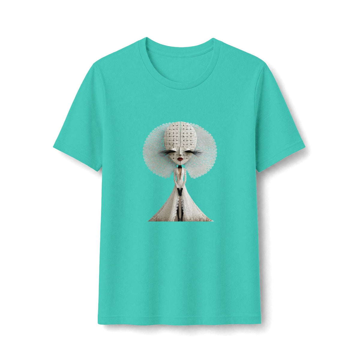 PURETE fitted teal t-shirt featuring a surreal white abstract fashion doll graphic with a textured halo design.