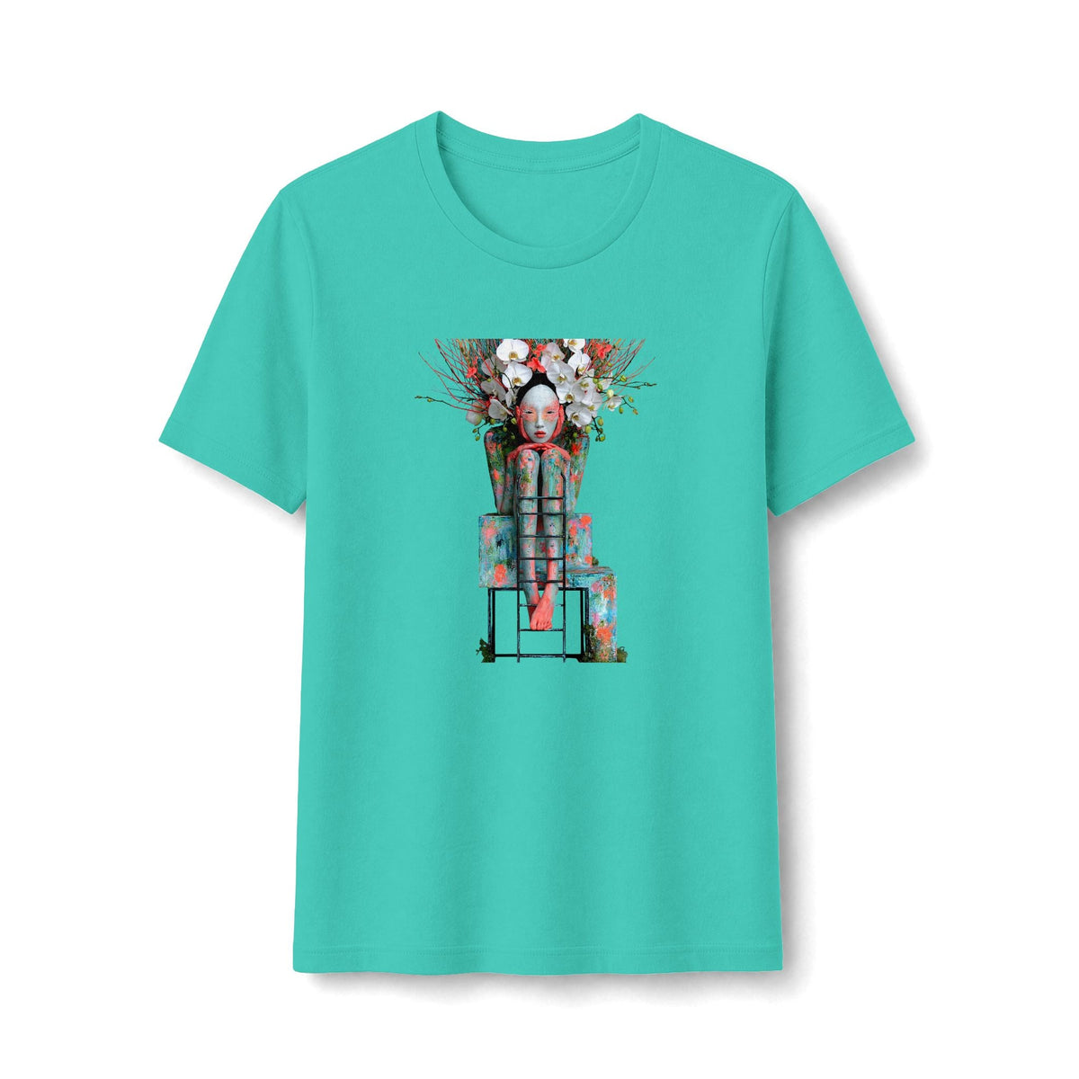 PURETE teal fitted graphic t-shirt featuring a surreal robot art illustration with floral elements.