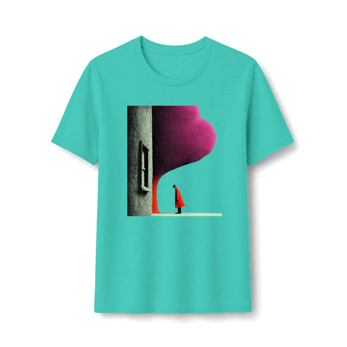 PURETE teal graphic tee featuring a minimalist illustration of a figure in a red cloak standing by an archway.