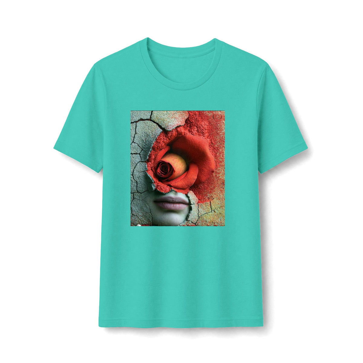 PURETE surreal rose face graphic tee in teal cotton-poly blend featuring a cracked wall and red floral portrait.