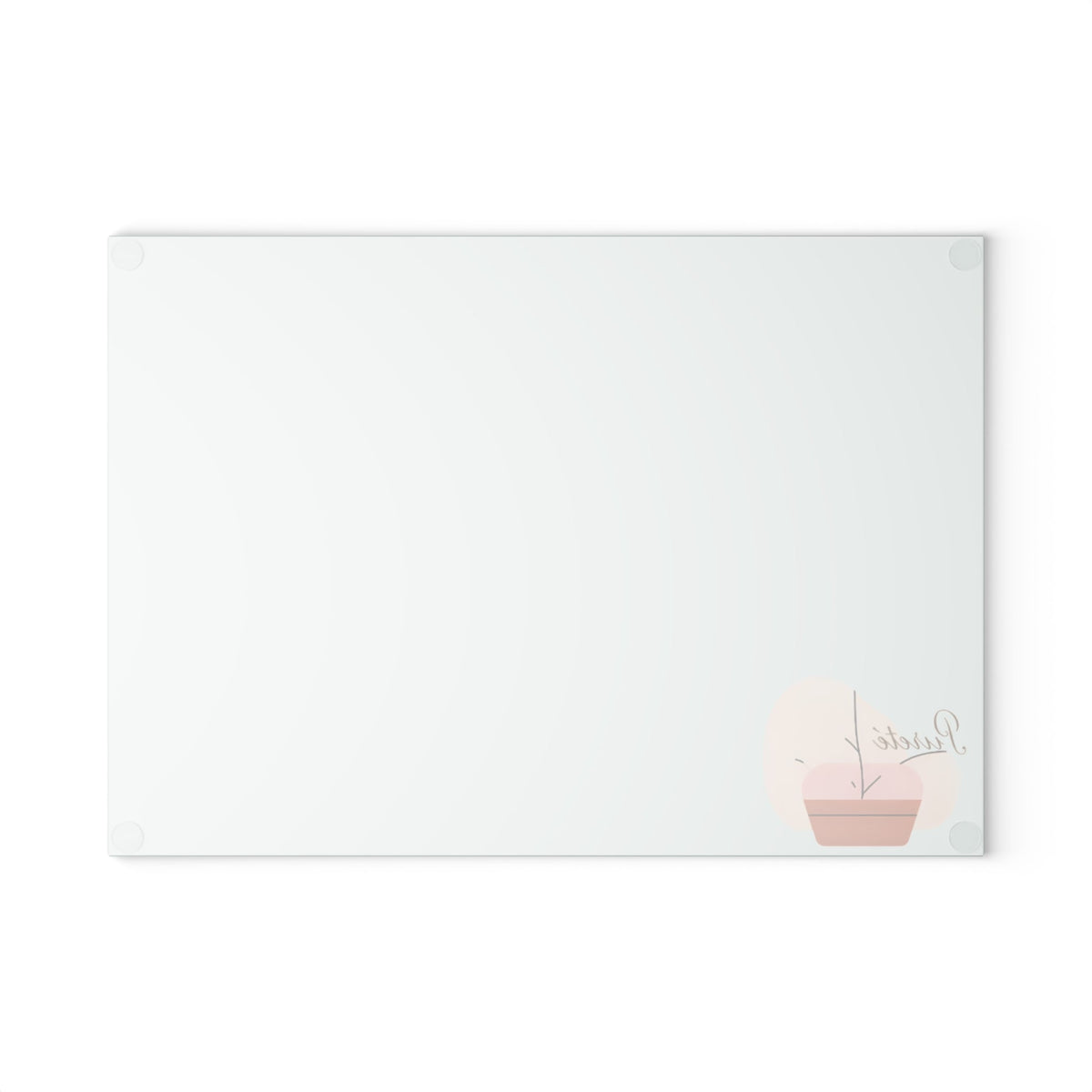 PURETE tempered glass cutting board with a textured surface and minimalist potted plant graphic in the corner.
