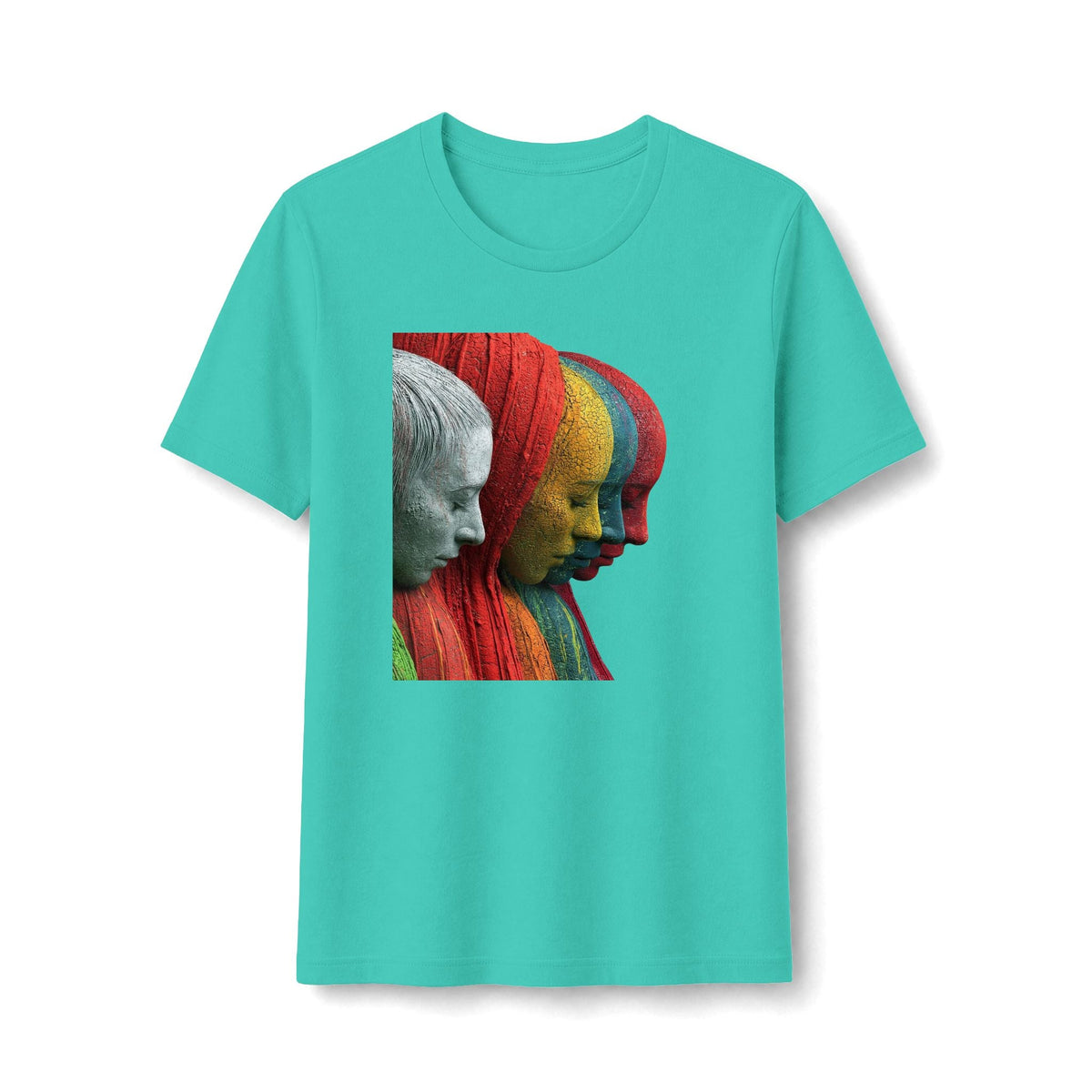 PURETE teal short-sleeve tee featuring a vibrant graphic of four colorful, layered sculptural portrait faces.