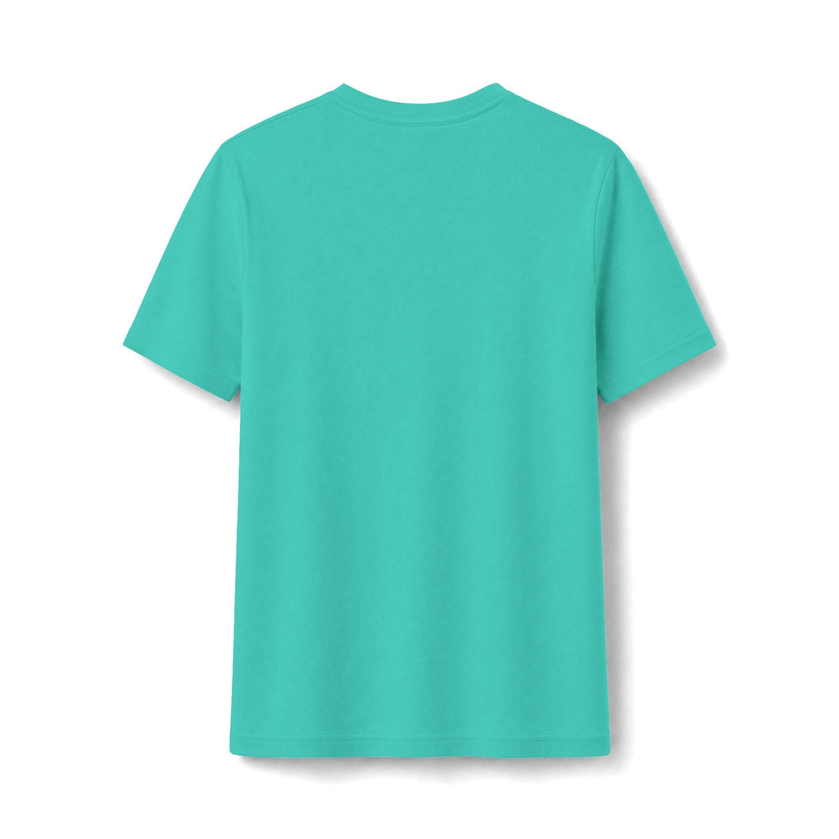 PURETE women's fitted graphic tee in bright turquoise, back view showing soft cotton-poly blend fabric.