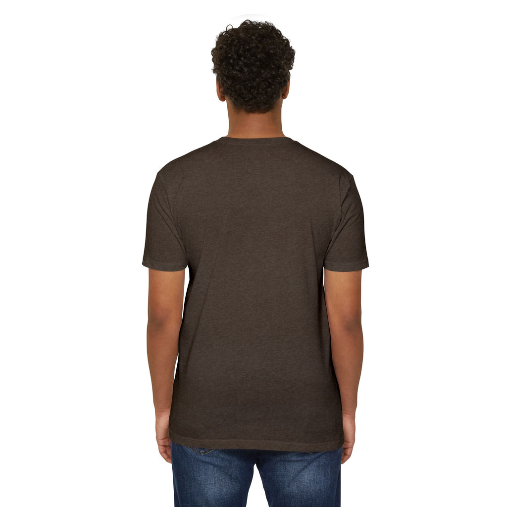 Back view of a person wearing a PURETE unisex brown CVC jersey t-shirt made from a soft cotton-poly blend.