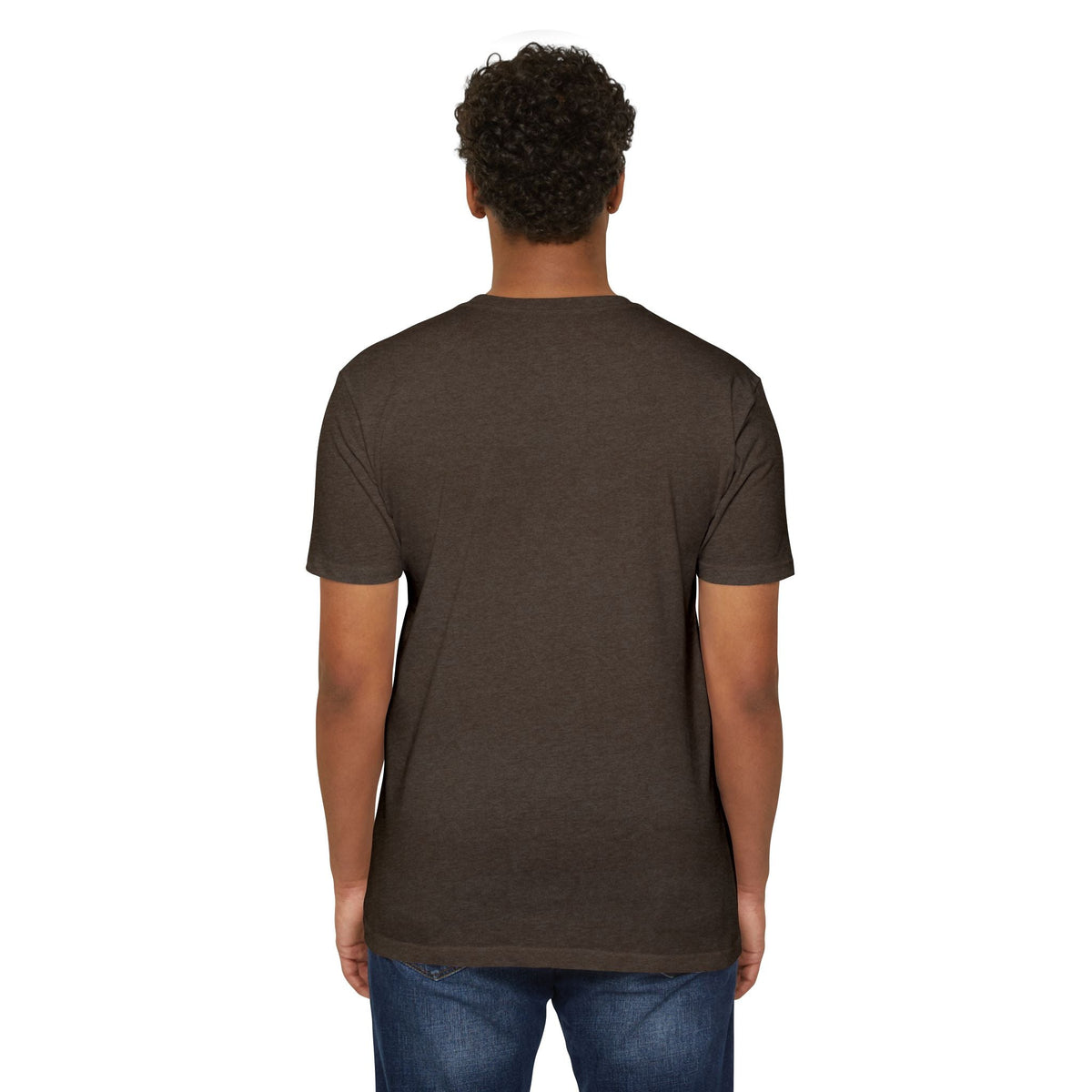 Back view of a person wearing a PURETE unisex brown CVC jersey t-shirt made from a soft cotton-poly blend.