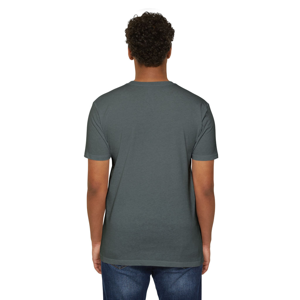 Back view of a person wearing a PURETE unisex charcoal grey CVC jersey t-shirt with a classic fit