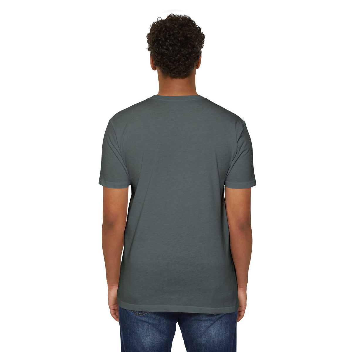 Back view of a PURETE unisex CVC jersey t-shirt in dark grey, featuring a classic fit and lightweight cotton-poly blend