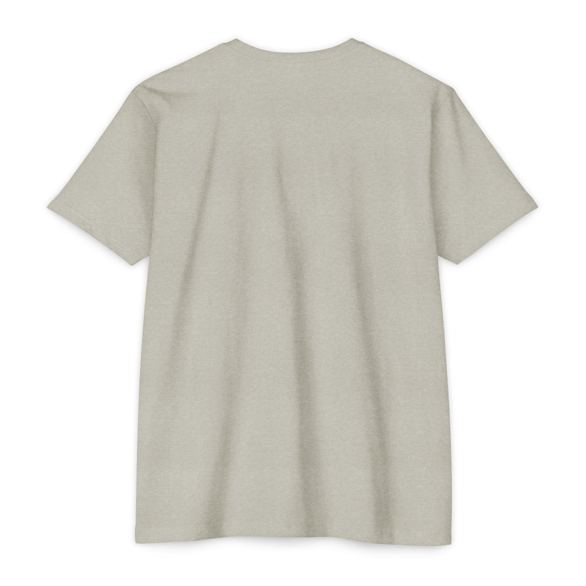 Back view of a PURETE unisex CVC jersey t-shirt in a light heather grey cotton-poly blend with a classic fit.