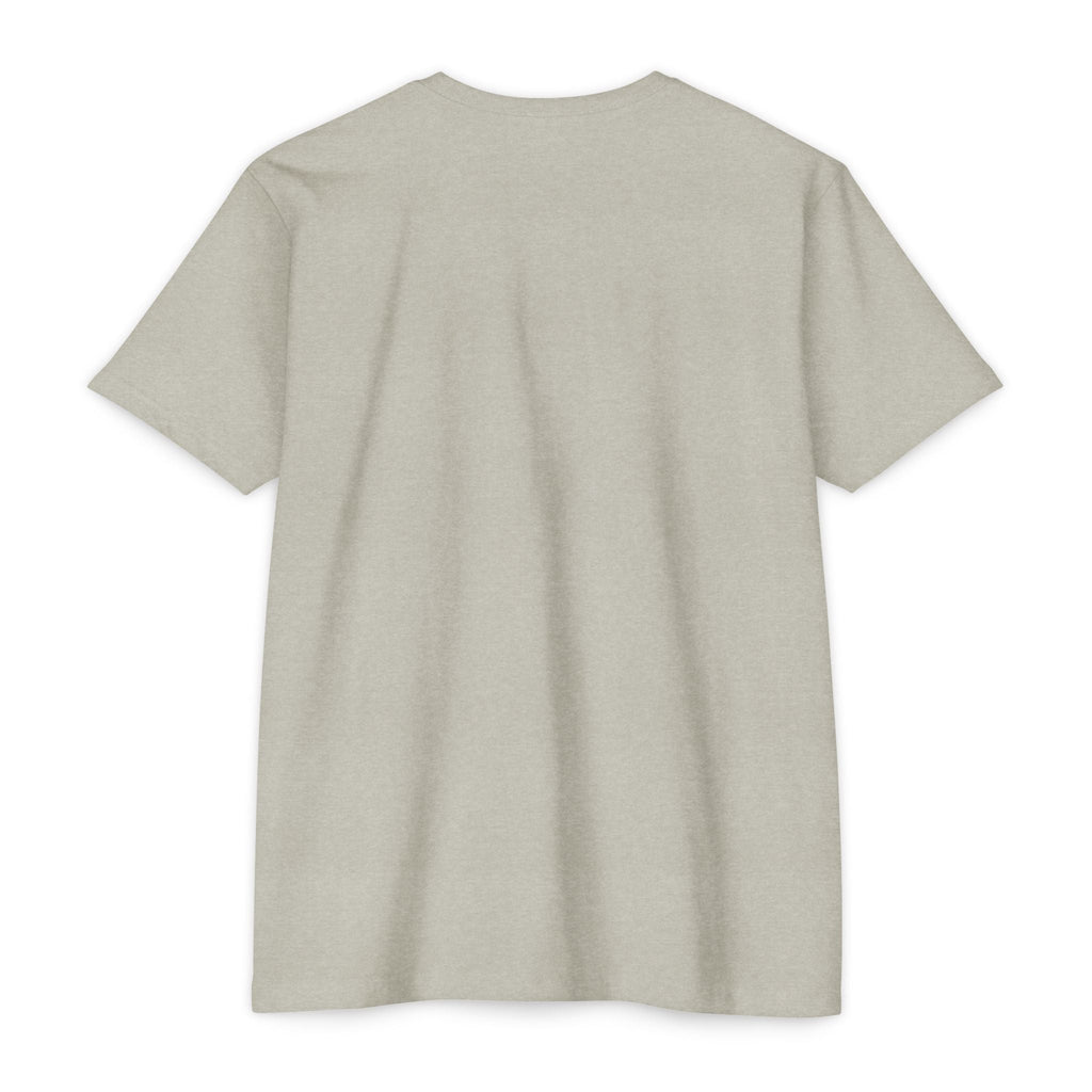 Back view of a PURETE unisex CVC jersey t-shirt in a light heather beige cotton-poly blend with a classic fit.