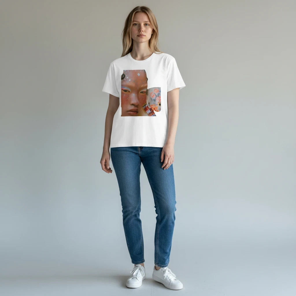 A woman wearing a white PURETE unisex CVC jersey t-shirt with an artistic face graphic print and blue jeans.