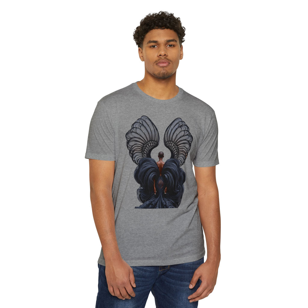 PURETE unisex heather grey CVC jersey t-shirt featuring a graphic print of a figure with large dark wings
