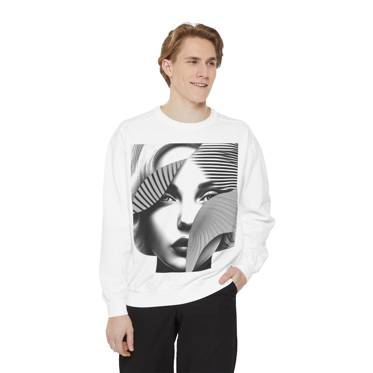 PURETE white unisex crewneck sweatshirt featuring a black and white graphic print of a woman's face on a model.