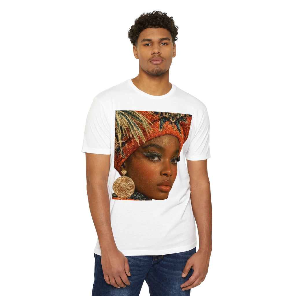 PURETE unisex white CVC jersey t-shirt featuring a vibrant graphic print of a woman in a headwrap on a male model