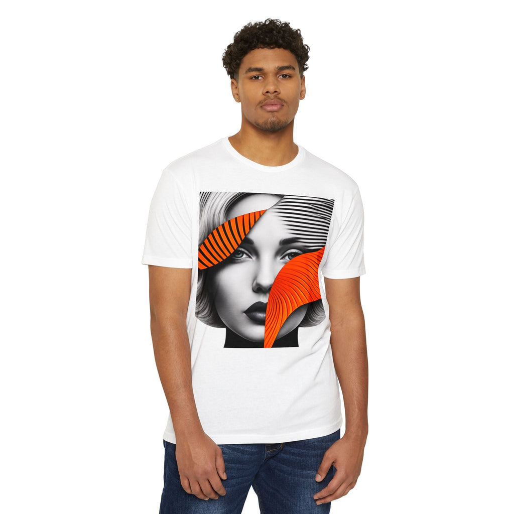 PURETE unisex white CVC jersey t-shirt featuring a graphic print of a woman's face with orange abstract accents