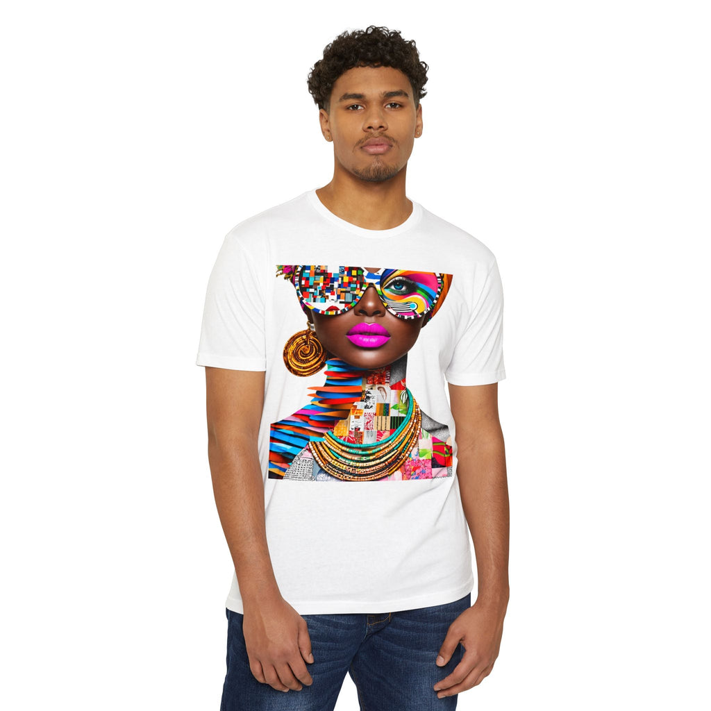 PURETE unisex white CVC jersey t-shirt featuring a vibrant abstract art print of a woman wearing colorful glasses.