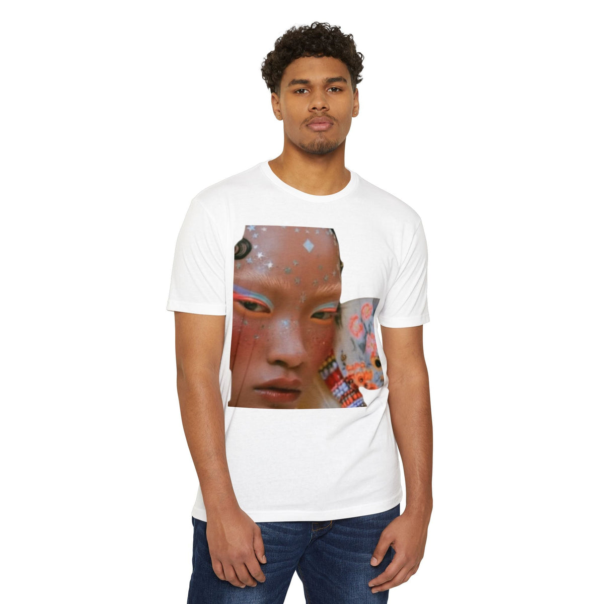 PURETE unisex white CVC jersey t-shirt featuring a graphic print of a person with artistic makeup on a model