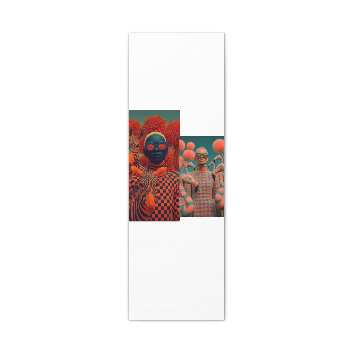 PURETE vertical matte canvas featuring surreal orange and blue fashion photography with zebras and abstract elements.
