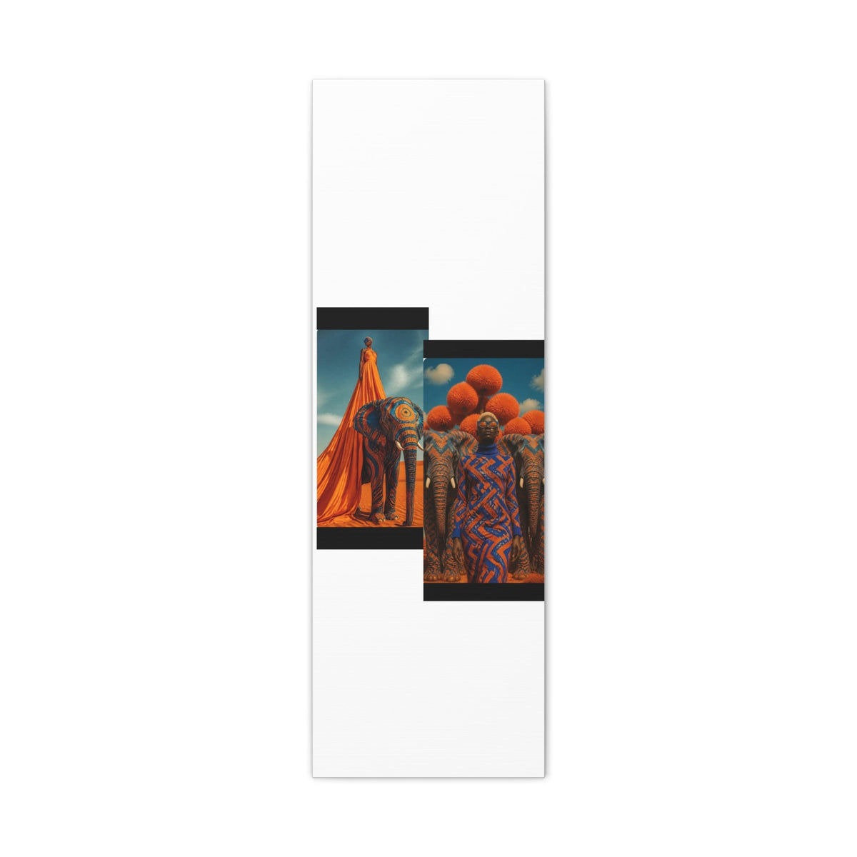 PURETE vertical matte canvas featuring artistic photography of elephants and a person in vibrant orange and blue tones.